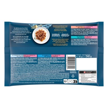 Blauwe Purina verpakking met bordje nat kattenvoer en vork, meertalige etiketten en streepjescode, '4 x 85 g = 340 g'