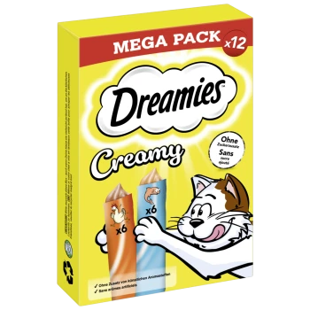 Boîte jaune étiquetée "Dreamies Creamy Mega Pack x12" avec des tubes de friandises au poulet et au poisson ; un chat de dessin animé tend la patte pour les attraper. Sans arômes artificiels.