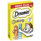Gelbe Box mit der Aufschrift "Dreamies Creamy Mega Pack x12" mit Hühner- und Fischleckerlis; eine Cartoonkatze greift danach. Keine künstlichen Aromen.