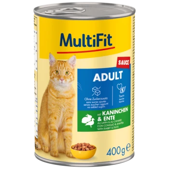 Dosenfutter für Katzen, gekennzeichnet mit "MultiFit" für Erwachsene, mit einer roten Katze, Zutaten aus Kaninchen und Ente, ohne zugesetzten Zucker.