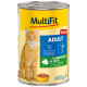 Dosenfutter für Katzen, gekennzeichnet mit "MultiFit" für Erwachsene, mit einer roten Katze, Zutaten aus Kaninchen und Ente, ohne zugesetzten Zucker.