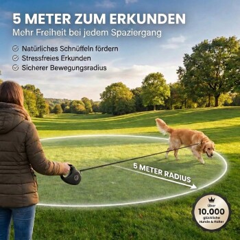 Ein Paar geht mit einem weißen Hund an der Leine in einem Park, mit Textüberlagerung, die "QUALITATIV & SCHLICHT" und "EINFACH IM GEBRAUCH" besagt.