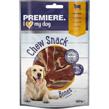 Opakowanie dla Premiere I Love My Dog Chew Snack Bones, z golden retrieverem i wyeksponowanymi smakołykami w kształcie kości. 120g.