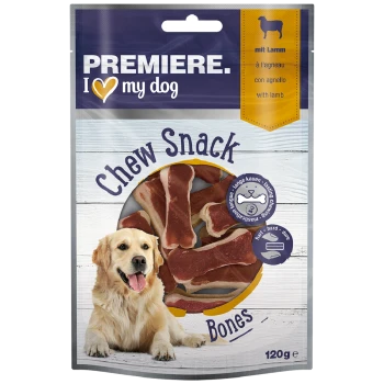 Emballage pour les os à mâcher Premiere I Love My Dog, présentant un golden retriever et un affichage de friandises en forme d'os. 120g.