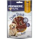 Verpackung für Premiere I Love My Dog Chew Snack Bones, mit einem Golden Retriever und einer Anzeige von knochenförmigen Leckereien. 120g.