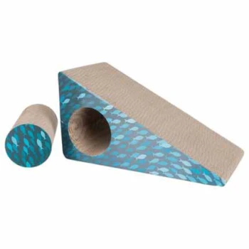 Kratzrampe 2-teilig Blaues katzenkratzendes Spielzeugset mit Fischmuster, das eine dreieckige Rampe mit einem Loch und einen zylindrischen Kratzer enthält.