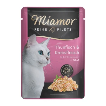 Feine Filets in Jelly Thunfisch und Krebs 24x100 g Miamor Katzenfutterbeutel mit dem Profil einer weißen Katze, beschriftet mit "Thunfisch & Krebsfleisch" mit "100% FILET" und Gelee-Textur.