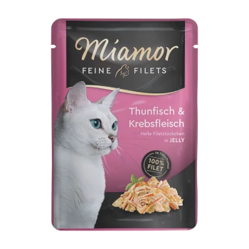 Torebka karmy dla kotów Miamor z profilem białego kota, oznaczona "Thunfisch & Krebsfleisch" z "100% FILET" i galaretkową teksturą.