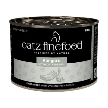 Catz Finefood Känguru Katzenfutterdose mit Nachtkerzenöl, schwarzem und grauem Etikett, hergestellt in Deutschland seit 2010.