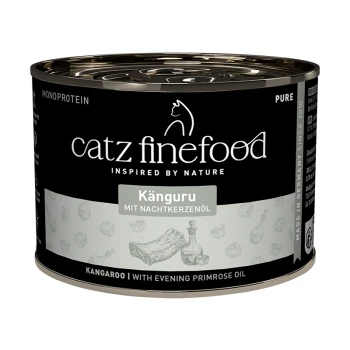 Catz Finefood Känguru Katzenfutterdose mit Nachtkerzenöl, schwarzem und grauem Etikett, hergestellt in Deutschland seit 2010.