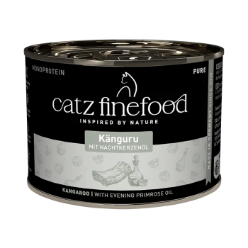 Catz Finefood Känguru Katzenfutterdose mit Nachtkerzenöl, schwarzem und grauem Etikett, hergestellt in Deutschland seit 2010.