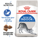 Royal Canin Home Life Indoor kattenvoer zak met een illustratie van een uitrekkende kat, met tekst die de verminderde ontlastinggeur en aangepaste brokjesgrootte benadrukt.