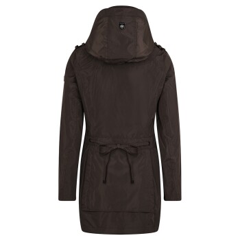 Braune wasserdichte Haustierjacke mit Kapuze und Kordelzug in der Taille, von hinten gezeigt.