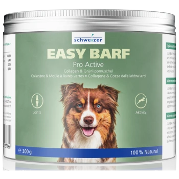 "EASY BARF Pro Active" Tiernahrungsergänzung in grüner Verpackung, die die Gelenkgesundheit mit Kollagen und Grünlippmuschel fördert. 300g, 100% natürlich.