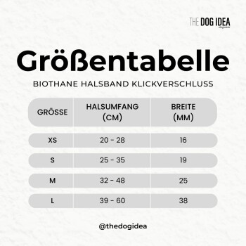 Größentabelle für Biothane-Hundehalsbänder mit Klickverschluss, zeigt Halsumfang und Breite in Zentimetern für Größen XS bis L.