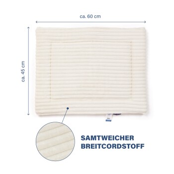Cremefarbener Haustierbett mit gerippter Textur, misst ungefähr 60 cm mal 45 cm, beschriftet mit "Samtweicher Breitcordstoff."