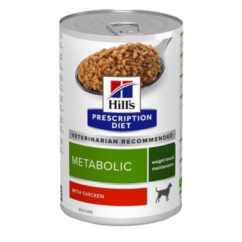 Hill's Prescription Diet Metabolic hondenvoer blik met textuurformule van kip, gelabeld 'Veterinair Aanbevolen' voor gewichtsverlies.