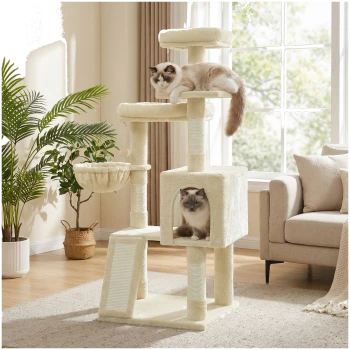 Cremefarbener mehrstöckiger Kratzbaum mit zwei flauschigen Katzen in einem sonnendurchfluteten Wohnzimmer neben einem Fenster, Topfpflanzen und beigem Sofa.