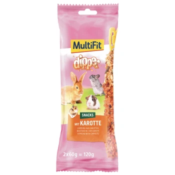 MultiFit 'dipper' carrot snack pack for small animals; shows 'SNACKS', 'MIT KAROTTE' and '2x60g = 120g'