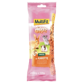 MultiFit 'dipper' carrot snack pack for small animals; shows 'SNACKS', 'MIT KAROTTE' and '2x60g = 120g'