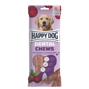Lila Packung HAPPY DOG DENTAL CHEWS für Hunde, Rote-Bete-Geschmack, unterstützt die Zahnpflege, glutenfrei; Hundebild und Kau-Sticks abgebildet