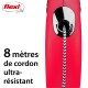 Laisse rétractable rouge pour chien avec 8 mètres de cordon ultra-résistant, arborant le logo flexi au-dessus du texte en français.