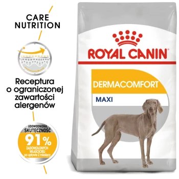 Torba karmy dla psów Royal Canin Dermacomfort Maxi z wizerunkiem wyżła, z tekstem podkreślającym formułę zmniejszającą alergeny i 91% satysfakcji właścicieli.