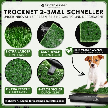 PFOTENWUNDER-Trockenmatte für Haustiere: Kunstrasen mit Ablauflöchern, Klammern und Welpe; Aufschrift „TROCKNET 2-3MAL SCHNELLER“.