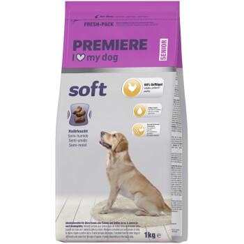 Sac de nourriture pour chien étiqueté « Premiere I love my dog Senior soft », avec un golden retriever assis et des caractéristiques clés comme 60 % de volaille, juteux et tendre, aide à la digestion.