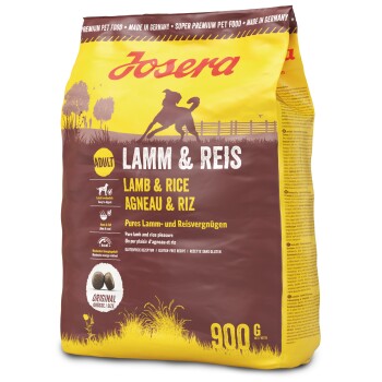 JOSERA Lamm & Reis Hundefutterbeutel, 900g, mit einer Silhouette eines Hundes, mit Text, der das glutenfreie Rezept und die leichte Verdauung hervorhebt.