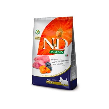 Pumpkin Mini Adult Lamm 7 kg Hundefutterverpackung mit "N&D PUMPKIN" mit einem Rezept aus Lamm, Kürbis und Heidelbeeren, gekennzeichnet für erwachsene Mini-Hunde.