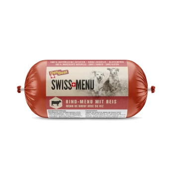 Rote zylindrische Verpackung von DeliBest Swiss Menu Hundefutter, beschriftet mit "Rind-Menu mit Reis," mit zwei Hunden und Zutatenangaben.