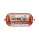 Rote zylindrische Verpackung von DeliBest Swiss Menu Hundefutter, beschriftet mit "Rind-Menu mit Reis," mit zwei Hunden und Zutatenangaben.