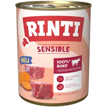 Dose RINTI Sensible Hundefutter – '100% Rind + Süßkartoffel', Abbildung von Rindfleischstücken und Süßkartoffel, gelbes 'NEU'-Etikett.
