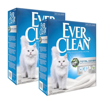 Zwei Boxen Ever Clean Katzenstreu mit einer weißen flauschigen Katze, beschriftet mit "Total Cover" und "10L Low Dust Formula."