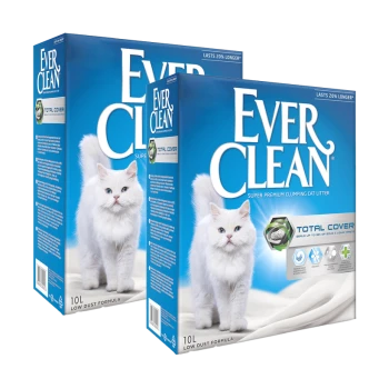 Zwei Boxen Ever Clean Katzenstreu mit einer weißen flauschigen Katze, beschriftet mit "Total Cover" und "10L Low Dust Formula."