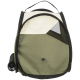 Un sac à dos pour animaux de compagnie vert et beige avec un panneau en maille, doté d'une poignée supérieure et d'une poche latérale pour le rangement.