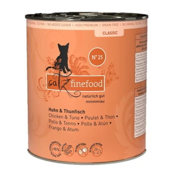 Nassfutter Katze Classic Adult No. 25 Huhn und Thunfisch 6x800 g Dosenfutter für Katzen mit der Aufschrift "catz finefood" und dem Geschmack "Huhn & Thunfisch", mit einer Silhouette einer Katze und dekorativen Elementen.