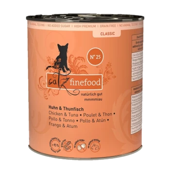 Dosenfutter für Katzen mit der Aufschrift "catz finefood" und dem Geschmack "Huhn & Thunfisch", mit einer Silhouette einer Katze und dekorativen Elementen.