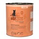 Dosenfutter für Katzen mit der Aufschrift "catz finefood" und dem Geschmack "Huhn & Thunfisch", mit einer Silhouette einer Katze und dekorativen Elementen.