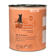Nourriture en conserve pour chat étiquetée "catz finefood" avec la saveur "Huhn & Thunfisch" (Poulet & Thon), présentant une silhouette de chat et des éléments décoratifs.