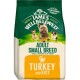Bag of James Wellbeloved dog food for small breeds, labeled "Turkey and Rice," suitable for dogs 6 months to 10 years.