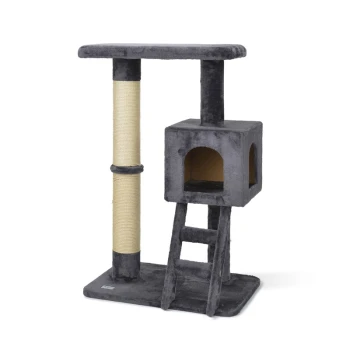 Grauer Katzenbaum mit einem Kratzbaum, einem gemütlichen Versteck und einer oberen Plattform zum Klettern und Entspannen.
