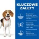 Beagle stoi przed niebieskim tłem z polskim tekstem promującym korzyści dla zwierząt w zakresie utraty wagi i trawienia.