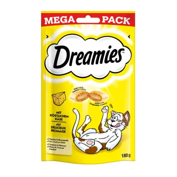 Emballage de friandises pour chats Dreamies avec une illustration de chat ludique, fond jaune, et texte mettant en avant "Mega Pack" et "avec du fromage délicieux."