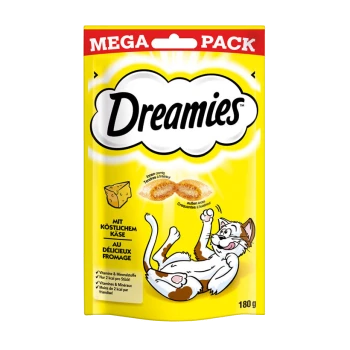 Opakowanie przysmaków dla kotów Dreamies z ilustracją zabawnego kota, żółtym tłem i tekstem podkreślającym 'Mega Pack' i 'z pysznym serem.'