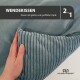 Wendekissen in zwei Designs, glatt und geriffelt, mit einer Hand gehalten. Text: "WENDEKISSEN 2 IN 1". Logo: ROHRSCHNEIDER.