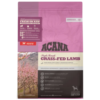 ACANA Singles Formula Grass-Fed Lamb Hundefutter-Sack in Pink, der rohes Lamm und Okanagan-Äpfel mit wichtigen Zutaten zeigt.