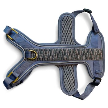 Ein blauer Haustiergeschirr mit einem gepolsterten Mesh-Design, mit verstellbaren Riemen und einem Metall-D-Ring zur Leinenbefestigung.