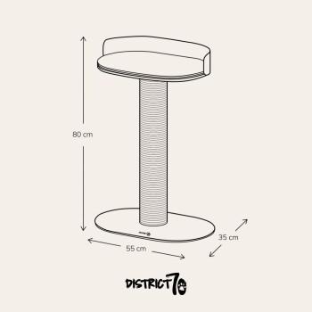 Linienzeichnung eines Katzenkratzbaums mit den Abmessungen: Höhe 80 cm, Basis 55 cm und Plattform 35 cm, markiert mit "District70."